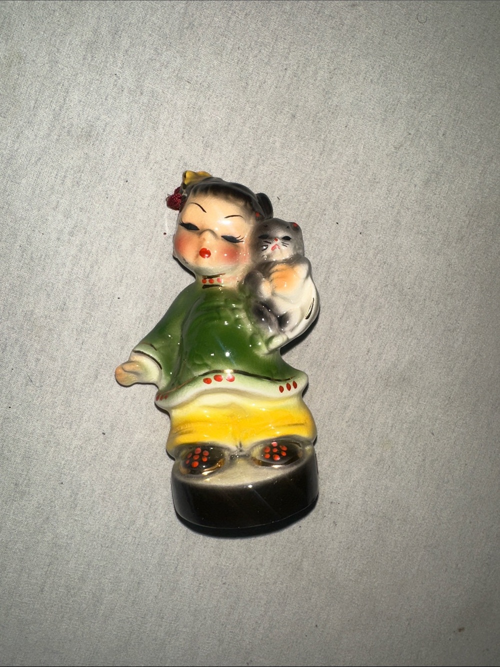Vintage Collectible Green and Yellow Ceramic Figurine with Cat - Unbranded